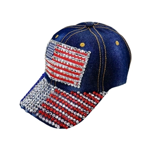 Unisex denim baseball cap featuring American flag rhinestone design and vintage wash