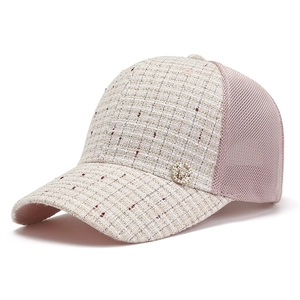 Women's tweed baseball cap with breathable pink mesh and crystal metal M detail