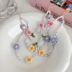 Cordon de téléphone en perles tulipe style INS avec perles colorées et fleurs