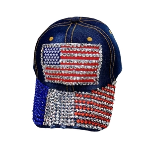 Denim baseball cap with rhinestone American flag pattern and yellow decorative stitching