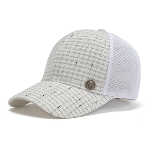 Chic tweed and mesh baseball cap with rhinestone V logo and wide brim sun visor