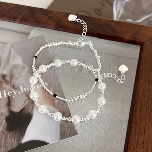 Vintage silver pearl beaded bracelet set with heart charm and adjustable extension chain