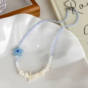 Collier de Perles en Forme de Fleur Bleue Douce Perle d'Eau Douce Coquillage pour Femme Bijoux Bohème Plage d'Été Chaîne Réglable