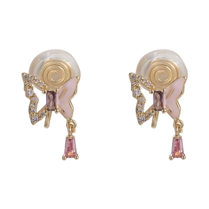 Boucles d'oreilles clips papillon dorées avec émail rose, zircon et pendentifs violets