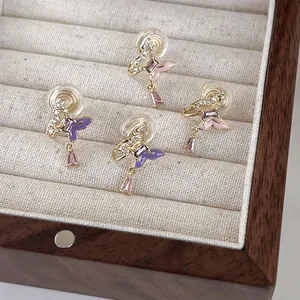 Boucles D'Oreilles Clips Papillon Élégantes En Cuivre Avec Gouttelette En Émail Et Zircone Pour Femmes Bijoux De Mode