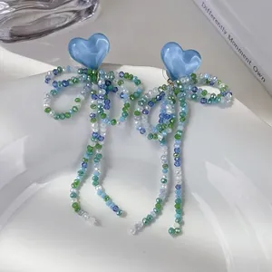 Boucles d'Oreilles Pompons Perlées Nœud Cœur Bleu Exagérées pour Femmes Été Soda au Sel de Mer Frais Fait à la Main