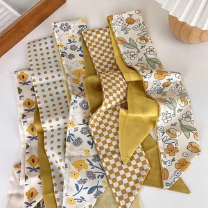 French Style Floral Plaid Polka Dot Satin Satin Skinny Scarf For Women Hair Band Bag Decor Headband Fashion Accessories