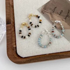 Vintage Bohemian Natural Stone Beaded Hoop Earrings For Women Alloy Geometric Round Stud Earrings Jewelry Aesthetic Accessories
