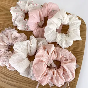 Set de coleteros de encaje rosa y beige con bordado de gasa para peinados de mujer