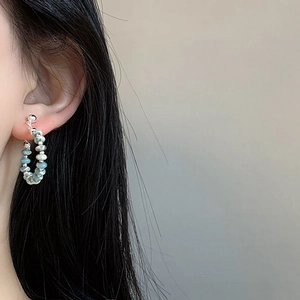 Vintage style stone beaded hoop earrings with light blue natural stones and silver beads