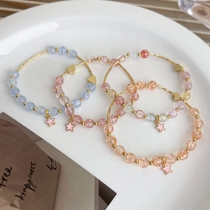 Sweet strawberry crystal beaded bracelet set with star pendants and heart charms
