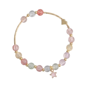 Pastel multicolor strawberry crystal beaded bracelet with gold heart and star charms