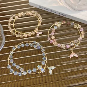 Elegant Crack Crystal Beaded Bracelet Double Layered Enamel Mermaid Tail Pendant Bangle Jewelry For Women Girls Daily Accessory