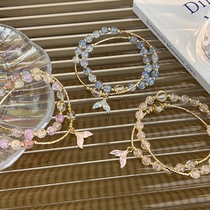 Three-piece beaded double-layer bracelet set with mermaid tail pendants in various colors
