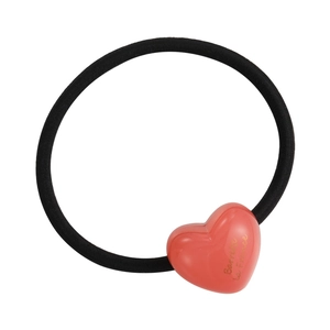 Pink heart resin charm hair tie with French lettering on black elastic band