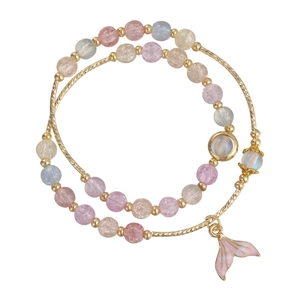 Double-layer beaded bracelet with colorful crackle crystals and a pink mermaid tail charm