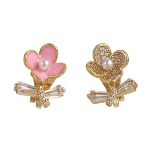Asymmetric pink floral zircon earrings with pearls and gold plating for women