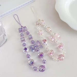 Sweet lavender beaded phone charm with a cute ribbon and stars for girls