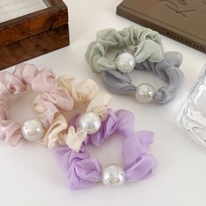 Elegant organza scrunchies with large pearls in pink, beige, purple, green and grey colors