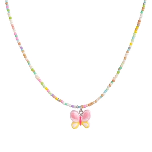 Collier de perles colorées pour femmes avec pendentif papillon aux tons macaron