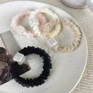 Set elastici per capelli in chiffon con perle quadrate in rosa, beige, albicocca e nero