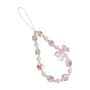 Sweet pink beaded phone charm with acrylic heart beads and a decorative bow accessory
