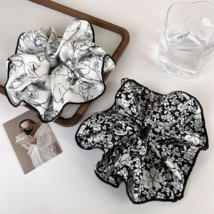 French vintage ink pattern oversized hair scrunchies set in black and white chiffon