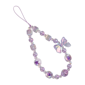 Detail of sweet lavender beaded phone strap featuring a holographic bow and star charms