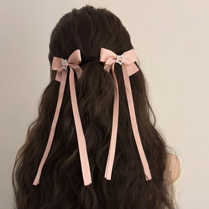 Sweet Pink Satin Bow Hair Clip With Rhinestone Star Long Tassel Streamer Duckbill Clip For Girls Women Hair Accessories