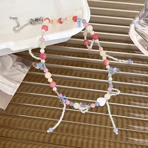 Collier en Perles de Cœur Couleur Bonbon Douce Cristal Verre Fait à la Main Choker avec Gland pour Femmes Bijoux de Style Y2K