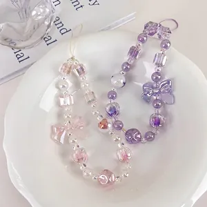 Sweet Candy Color Beaded Phone Charm Kawaii Iridescent Bowknot Resin Beads Phone Chain Bag Pendant For Women Girls Accessory