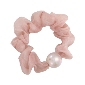 Pink mercerized organza scrunchie with iridescent pearl accent for elegant hair styling