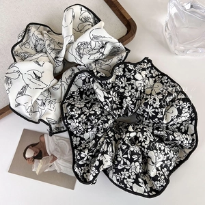 French Vintage Ink Floral Fabric Scrunchies Large Hair Tie Knitted Elastic Headband Contrast Piping Hair Accessory For Women