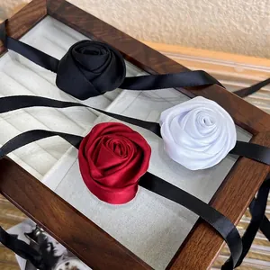 Vintage Gothic Fabric 3D Rose Ribbon Wrap Choker Necklace For Women Handcrafted Elegant Floral Necktie Necklace Party Jewelry