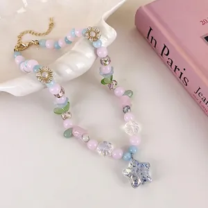 Collier Perlé Macaron Doux Pour Femmes Pendentif Fleur Étoile Bijoux En Verre Soufflé Style Coréen Ras Du Cou Ajustable Cadeau
