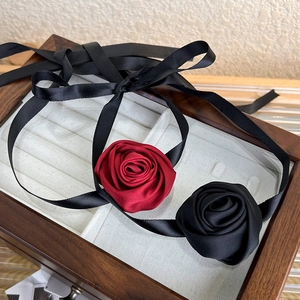 Vintage style red and black satin rose flower choker necklace with long ribbon straps