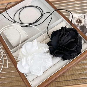 Handmade Large Satin Flower Choker Necklace For Women Elegant Ribbon Wrap Rose Floral Neck Chain Party Wedding Jewelry Gift