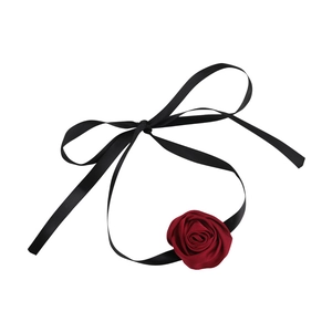 Gothic black silk ribbon choker with a dark red handmade fabric rose flower pendant