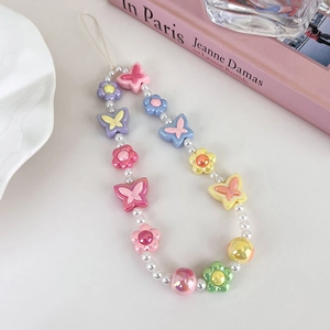 Détails de la lanière de téléphone avec perles colorées en forme de papillons et fleurs