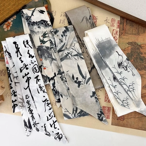 Classic Chinese ink wash silk scarf featuring elegant crane and bamboo patterns