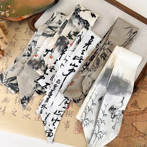 Elegant Chinese ink painting silk scarf hair ribbon with crane and landscape designs