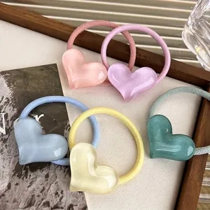 Sweet Jelly Color Transparent Heart Hair Tie For Women Girls Korean Style Handmade Pearly Resin Elastic Hair Rope Accessories