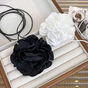 Elegant black and white 3D rose flower choker necklace with long ribbon straps