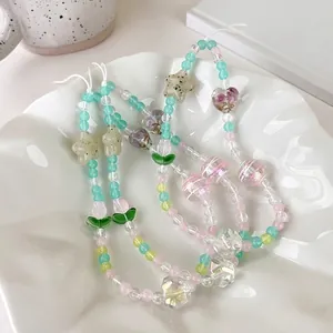 Chaîne de Téléphone en Perles d'Acrylique Style Ins Pendentif Fleur de Tulipe Cœur Étoile Lanière de Téléphone Douce Femme