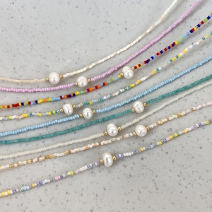 Handmade colorful seed bead necklaces with freshwater pearls in macaron pastel tones
