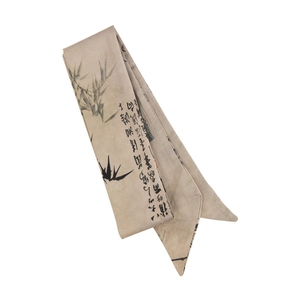 Ink bamboo crane style Chinese long silk ribbon hair band with traditional calligraphy