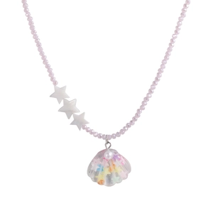 Dreamy pink crystal beaded necklace featuring star charms and iridescent shell pendant