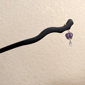 Classic Chinese wooden hair pin with purple lily of the valley flower and glass drop