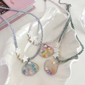 Sweet Y2K Beaded Necklace With Resin Shell Star Pendant Faux Artificial Pearl Summer Beach Jewelry For Women Girls