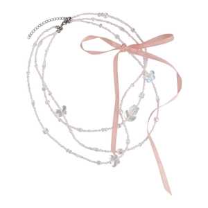 Three-layer ballet style beaded necklace with pink ribbon bow and tulip charms